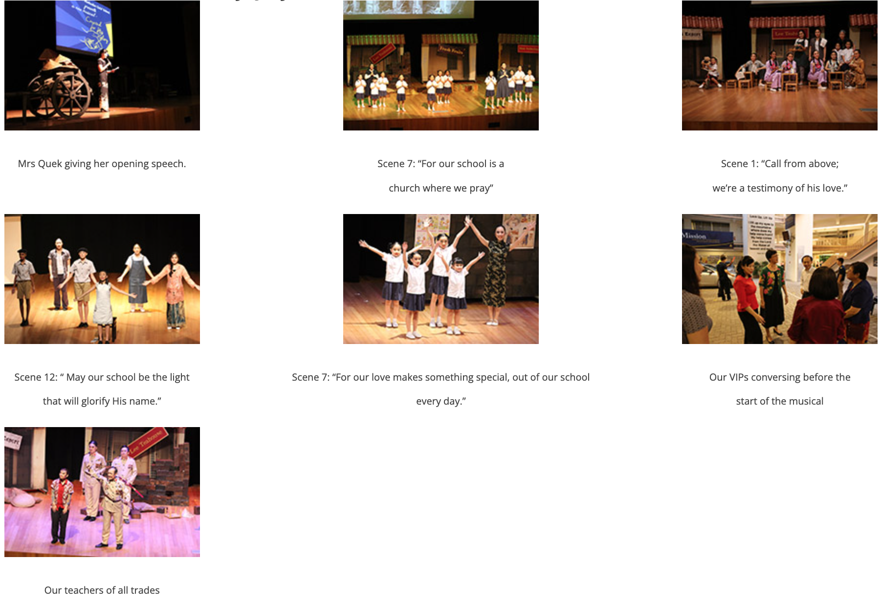 Six photos of a school musical showing stage performances, students in costume, and adults conversing before the show.